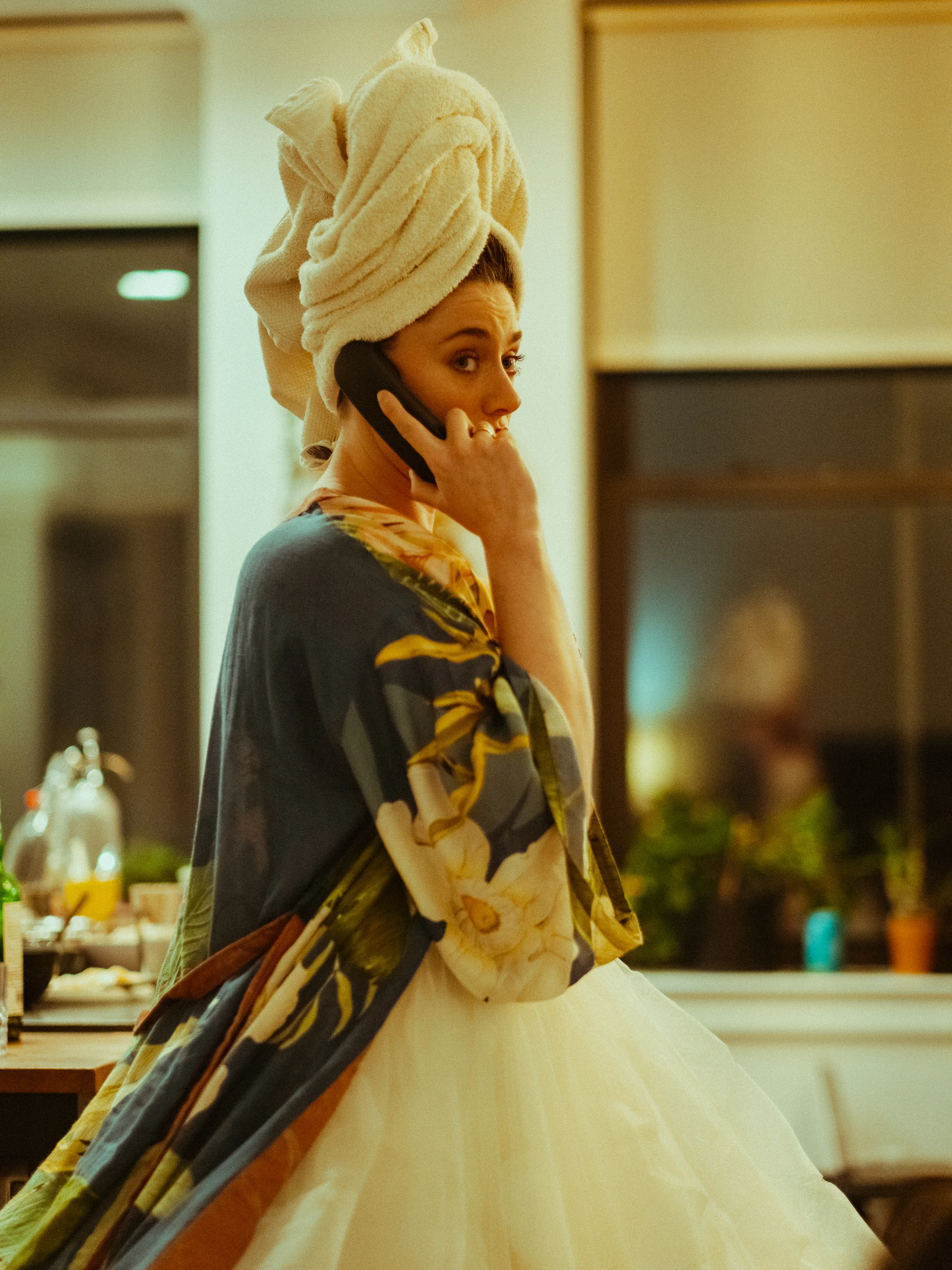 An actor in costume taking a phone call